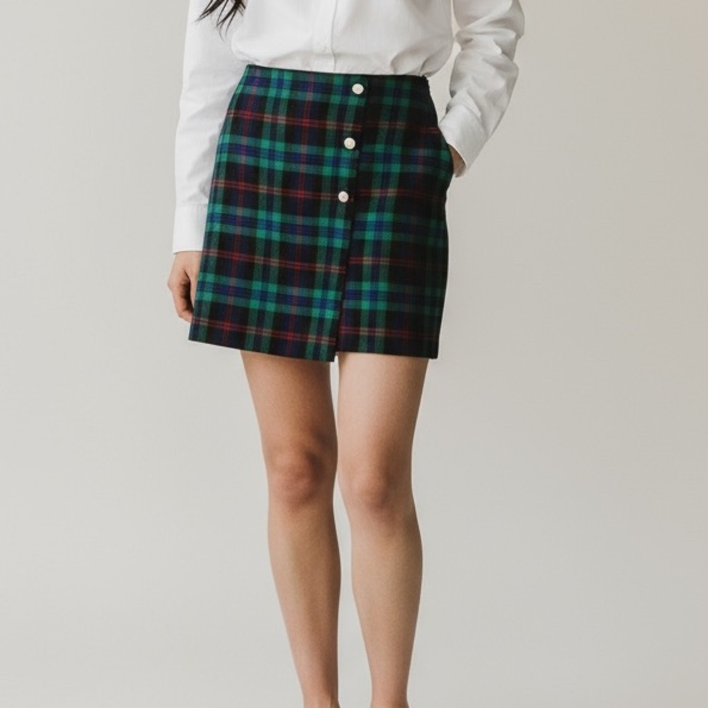 Talbots Plaid Button Front Faux Wrap Mini Skirt Green Tartan Wool Blend Size 4